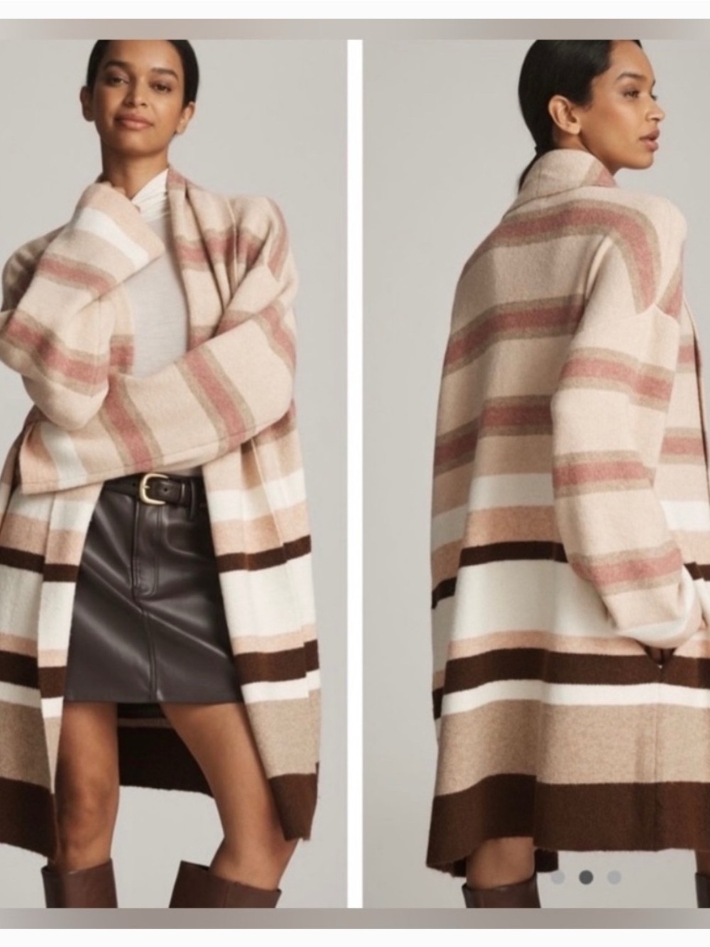 Anthropologie Striped Open-Front Cozy Cardigan Sweater - Cream & Brown one size